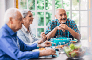happy elderly people eating dietary protein for improving their health
