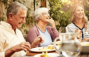 happy elderly people eating dietary protein 